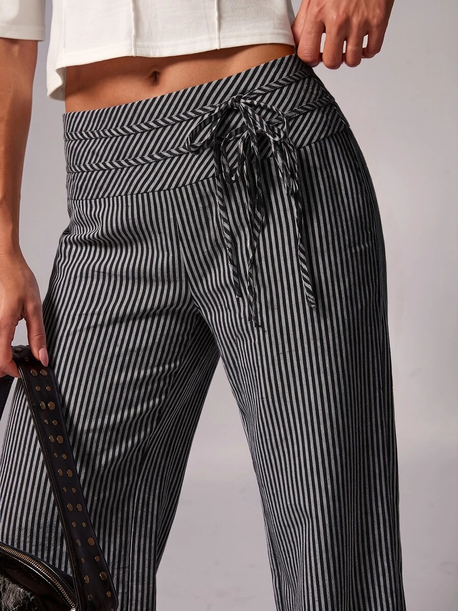 Avenya Striped Low Waist Wide Waistband Double Belt Tie Wide Leg Long Pants - Multicolor - View 1