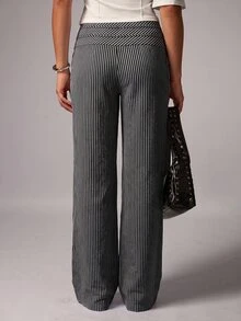 Avenya Striped Low Waist Wide Waistband Double Belt Tie Wide Leg Long Pants - Multicolor - View 5