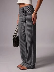 Avenya Striped Low Waist Wide Waistband Double Belt Tie Wide Leg Long Pants - Multicolor - View 4