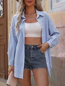 EMERY ROSE Summer Blue And White Striped Women's Shirt Casual Commute Vacation - Blue and White - View 5