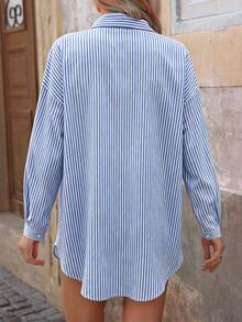 EMERY ROSE Summer Blue And White Striped Women's Shirt Casual Commute Vacation - Blue and White - View 2