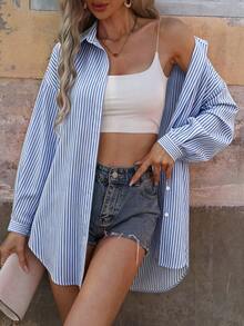 EMERY ROSE Summer Blue And White Striped Women's Shirt Casual Commute Vacation - Blue and White - View 1