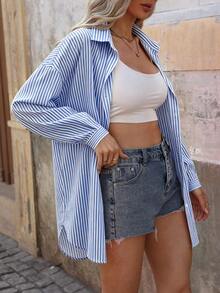 EMERY ROSE Summer Blue And White Striped Women's Shirt Casual Commute Vacation - Blue and White - View 6