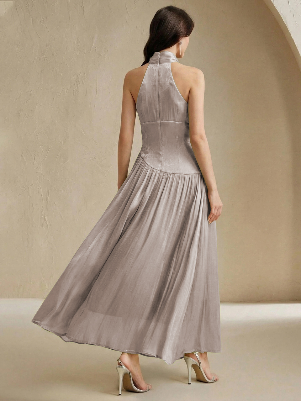Anewsta Women's Summer Round Neck Sleeveless Beaded Chain Pleated Waist Shiny Party Elegant Vacation Dress