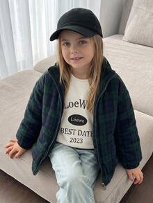 Hapijoa Young Girls Loose Basic Fluffy Thick Padded Coat With Stand Collar And Plaid Pattern, Long Sleeve, Autumn/Winter - Blue - View 3