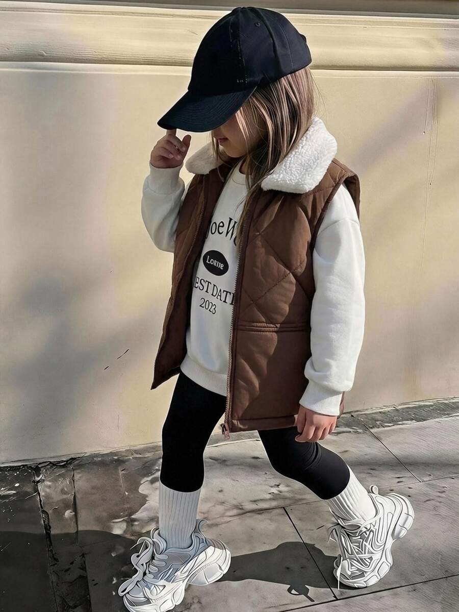 Hapijoa Rompi Kasual Musim Dingin untuk Anak Perempuan dengan Kerah Berblok Warna dan Resleting Depan - Coklat - View 1
