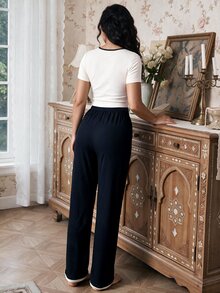 Modelyn 2pcs Women Contrast Color Trim Short Sleeve Top And Long Pants Home Wear Set Holiday Season Outfit - Multicolor - View 2