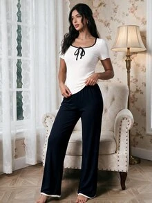 Modelyn 2pcs Women Contrast Color Trim Short Sleeve Top And Long Pants Home Wear Set Holiday Season Outfit - Multicolor - View 7