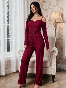 Modelyn 一套性感露肩酒红色针织家居服套装，女士居家休闲服，秋冬舒适优雅细节 - 酒紅色 - 查看 6
