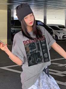DAZY Summer Casual Character Print Short Sleeve T-Shirt Oversized T Shirts For Women - Grey - View 5