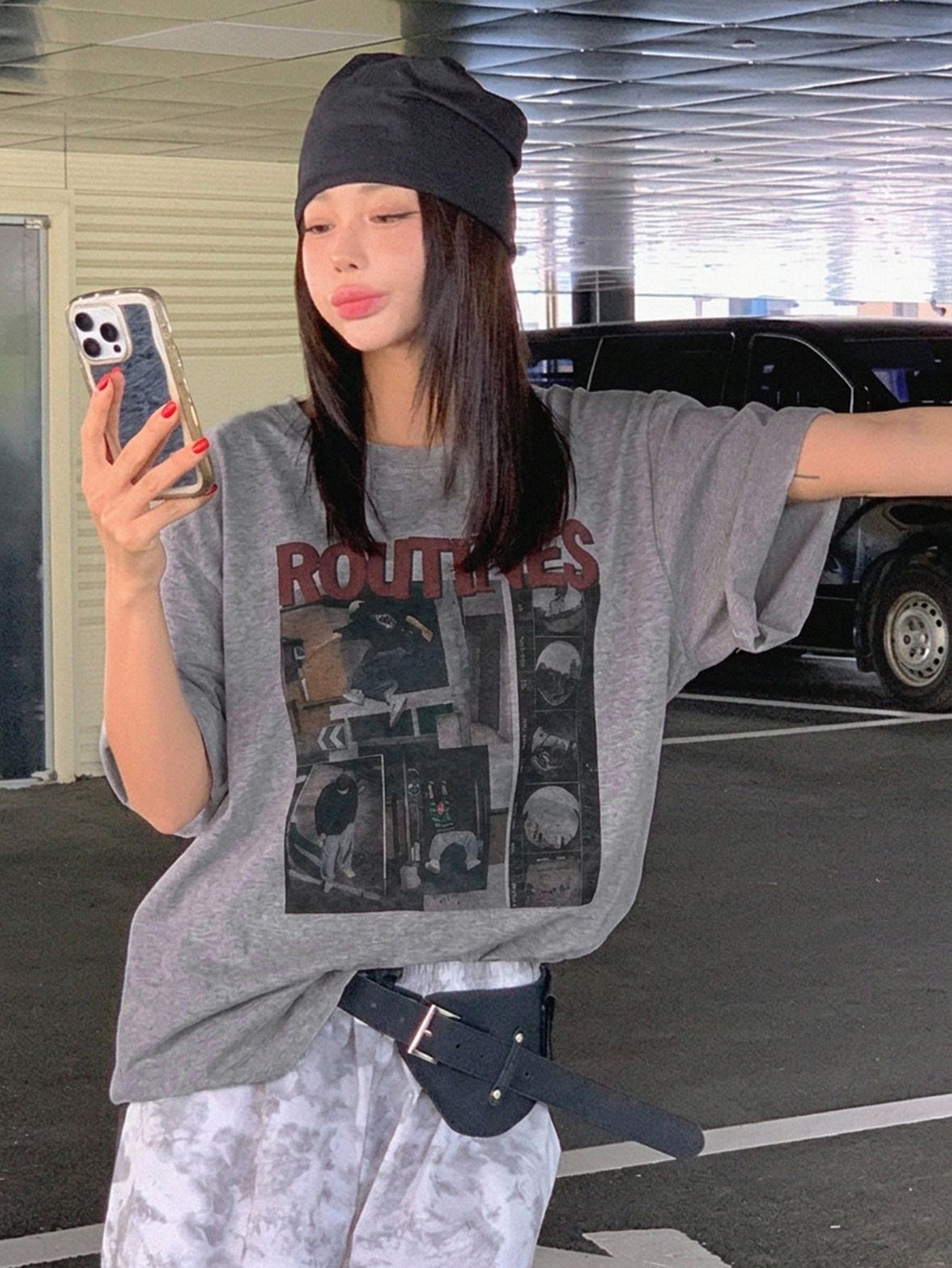 DAZY 夏季休閒角色印花短袖寬鬆女款圖案T恤 - 灰色 - 查看 1