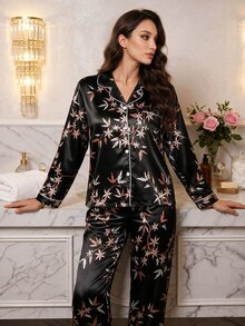 Modelyn Faux Silk Floral Print Collared Long Sleeve Top & Pants Pajama Set, Fall Winter Clothes Cozy And Elegant Details - Black - View 6