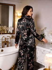 Modelyn Faux Silk Floral Print Collared Long Sleeve Top & Pants Pajama Set, Fall Winter Clothes Cozy And Elegant Details - Black - View 3