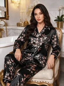 Modelyn Faux Silk Floral Print Collared Long Sleeve Top & Pants Pajama Set, Fall Winter Clothes Cozy And Elegant Details - Black - View 2