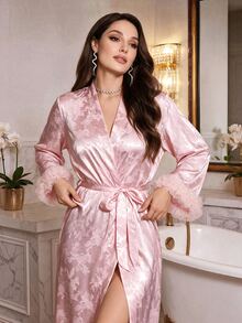 Modelyn Women's Elegant Luxury Faux Silk Floral Lace Trim Tie Robe Luxe Loungewear, Fall, Winter - Pink - View 4