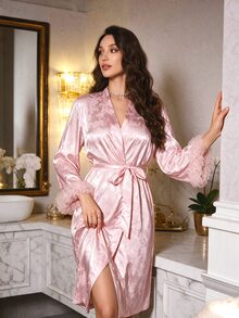 Modelyn Women's Elegant Luxury Faux Silk Floral Lace Trim Tie Robe Luxe Loungewear, Fall, Winter - Pink - View 7