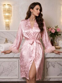 Modelyn Women's Elegant Luxury Faux Silk Floral Lace Trim Tie Robe Luxe Loungewear, Fall, Winter - Pink - View 5