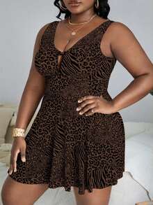 Slaydiva Plus Size Women Leopard & Zebra Print Tankini Top And Triangle Tankini Bottom Swimsuit Set, Suitable For Summer Vacation And Beach - Coffee Brown - View 3