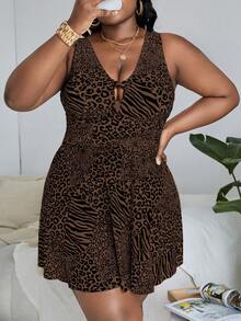 Slaydiva Plus Size Women Leopard & Zebra Print Tankini Top And Triangle Tankini Bottom Swimsuit Set, Suitable For Summer Vacation And Beach - Coffee Brown - View 4