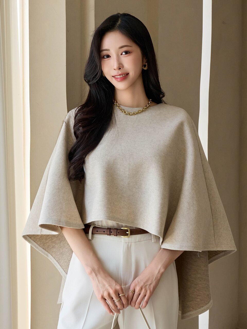 Solid Color Loose Cape Coat With Asymmetrical Hem, Elegant Vacation Style, Spring/Autumn Women's Wool