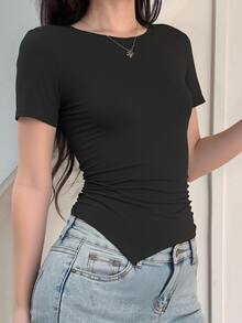 DAZY Asymmetric Design Fitted Long Sleeve Women T-Shirt - Black - View 5