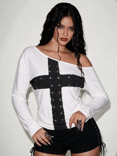 Orbivine Women's Fashion Elegant Vacation New White Asymmetrical Neckline Rhinestone Print Design Metal Decor Fitted Long Sleeve Top, Suitable For Daily Wear, Commute, Graduation Party, Holiday, Vacation, Date, Party, Halloween, Christmas, New Year, Thanksgiving And Other Occasions, Women's Elegant Top, Women's Casual Top
