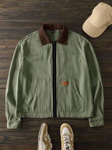 Mainfolk Men's Slim Fit Contrast Color Patchwork Long Sleeve Casual Shacket, Letter Patched Zip Jacket, Suitable For Autumn/Winter, Vacation, Father's Day Gifts, Outdoor, Spring - Army Green - View 3