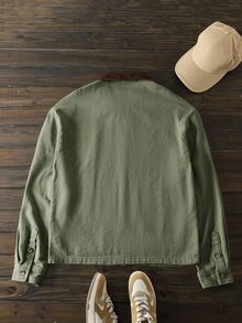 Mainfolk Men's Slim Fit Contrast Color Patchwork Long Sleeve Casual Shacket, Letter Patched Zip Jacket, Suitable For Autumn/Winter, Vacation, Father's Day Gifts, Outdoor, Spring - Army Green - View 4