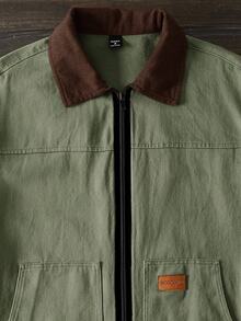Mainfolk Men's Slim Fit Contrast Color Patchwork Long Sleeve Casual Shacket, Letter Patched Zip Jacket, Suitable For Autumn/Winter, Vacation, Father's Day Gifts, Outdoor, Spring - Army Green - View 5
