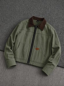 Mainfolk Men's Slim Fit Contrast Color Patchwork Long Sleeve Casual Shacket, Letter Patched Zip Jacket, Suitable For Autumn/Winter, Vacation, Father's Day Gifts, Outdoor, Spring - Army Green - View 1