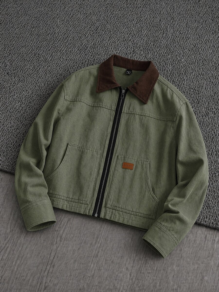 Mainfolk Men's Slim Fit Contrast Color Patchwork Long Sleeve Casual Shacket, Letter Patched Zip Jacket, Suitable For Autumn/Winter, Vacation, Father's Day Gifts, Outdoor, Spring - Army Green - View 1