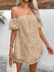 Glamine Women's Summer Solid Color Open Shoulder Dress With Hollowed-Out Embroidered Pattern Mini Short Vacation Beach Outfit - Khaki - View 6