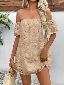 Glamine Women's Summer Solid Color Open Shoulder Dress With Hollowed-Out Embroidered Pattern Mini Short Vacation Beach Outfit - Khaki - View 3