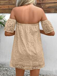 Glamine Women's Summer Solid Color Open Shoulder Dress With Hollowed-Out Embroidered Pattern Mini Short Vacation Beach Outfit - Khaki - View 2