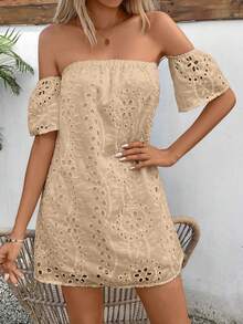 Glamine Women's Summer Solid Color Open Shoulder Dress With Hollowed-Out Embroidered Pattern Mini Short Vacation Beach Outfit - Khaki - View 4