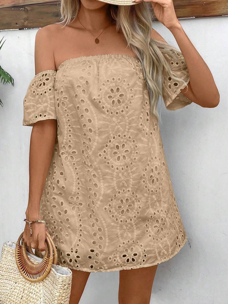 Glamine Women's Summer Solid Color Open Shoulder Dress With Hollowed-Out Embroidered Pattern Mini Short Vacation Beach Outfit - Khaki - View 1
