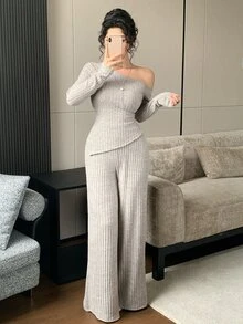 DAZY Women's 2 Pieces Casual Vacation Set, Solid Color Slim Fit Asymmetrical Hem Asymmetrical Shoulder Long Sleeve T-Shirt And Straight Leg Pants, Spring/Autumn - Grey - View 4