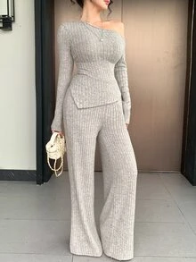 DAZY Women's 2 Pieces Casual Vacation Set, Solid Color Slim Fit Asymmetrical Hem Asymmetrical Shoulder Long Sleeve T-Shirt And Straight Leg Pants, Spring/Autumn - Grey - View 2
