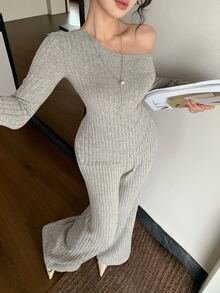 DAZY Women's 2 Pieces Casual Vacation Set, Solid Color Slim Fit Asymmetrical Hem Asymmetrical Shoulder Long Sleeve T-Shirt And Straight Leg Pants, Spring/Autumn - Grey - View 3