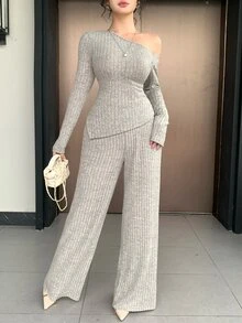DAZY Women's 2 Pieces Casual Vacation Set, Solid Color Slim Fit Asymmetrical Hem Asymmetrical Shoulder Long Sleeve T-Shirt And Straight Leg Pants, Spring/Autumn - Grey - View 6