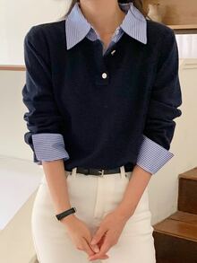 DAZY Women's Patchwork Contrast Color 2 In 1 Combined Long Sleeve Collared Casual Vacation Korean Style Autumn/Winter Sweater - Navy Blue - View 4