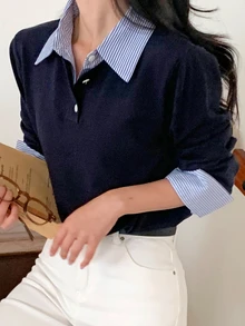 DAZY Women's Patchwork Contrast Color 2 In 1 Combined Long Sleeve Collared Casual Vacation Korean Style Autumn/Winter Sweater - Navy Blue - View 2