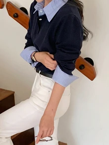 DAZY Women's Patchwork Contrast Color 2 In 1 Combined Long Sleeve Collared Casual Vacation Korean Style Autumn/Winter Sweater - Navy Blue - View 8