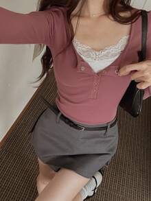 DAZY Kaos Kasual Lengan Panjang 2 in 1 dengan Renda Kontras untuk Wanita, Cocok untuk Musim Gugur. - Coklat - View 3