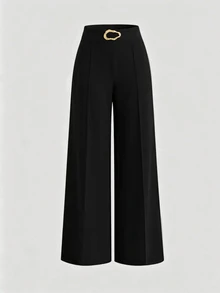 SHEIN Black Autumn/Winter Trousers Buckle Detailing-Elegant Classy, Pants Formal Work Office Evening Workplace - Black - View 7