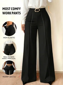 SHEIN Black Autumn/Winter Trousers Buckle Detailing-Elegant Classy, Pants Formal Work Office Evening Workplace - Black - View 2