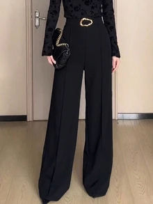 SHEIN Black Autumn/Winter Trousers Buckle Detailing-Elegant Classy, Pants Formal Work Office Evening Workplace - Black - View 5