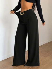 SHEIN Black Autumn/Winter Trousers Buckle Detailing-Elegant Classy, Pants Formal Work Office Evening Workplace - Black - View 6