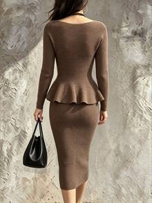 SHEIN Setelan Sweater dan Rok Bodycon Elegan Warna Cokelat Kopi dengan Hiasan Ruffle di Bagian Bawah, Cocok untuk Musim Gugur, Pakaian Sehari-hari, dan Liburan, Set Sweater 2 Potong - Coffee Brown - View 2