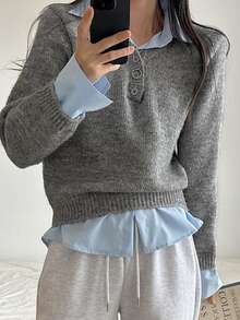 DAZY Women's Solid Color Loose Long Sleeve V-Neck Casual Vacation Spring Autumn Pullover Knit Sweater - Grey - View 5